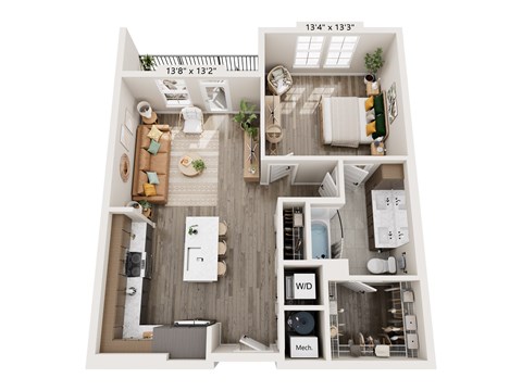 A 3D floor plan of a small apartment with a kitchen, living room, and bathroom.
